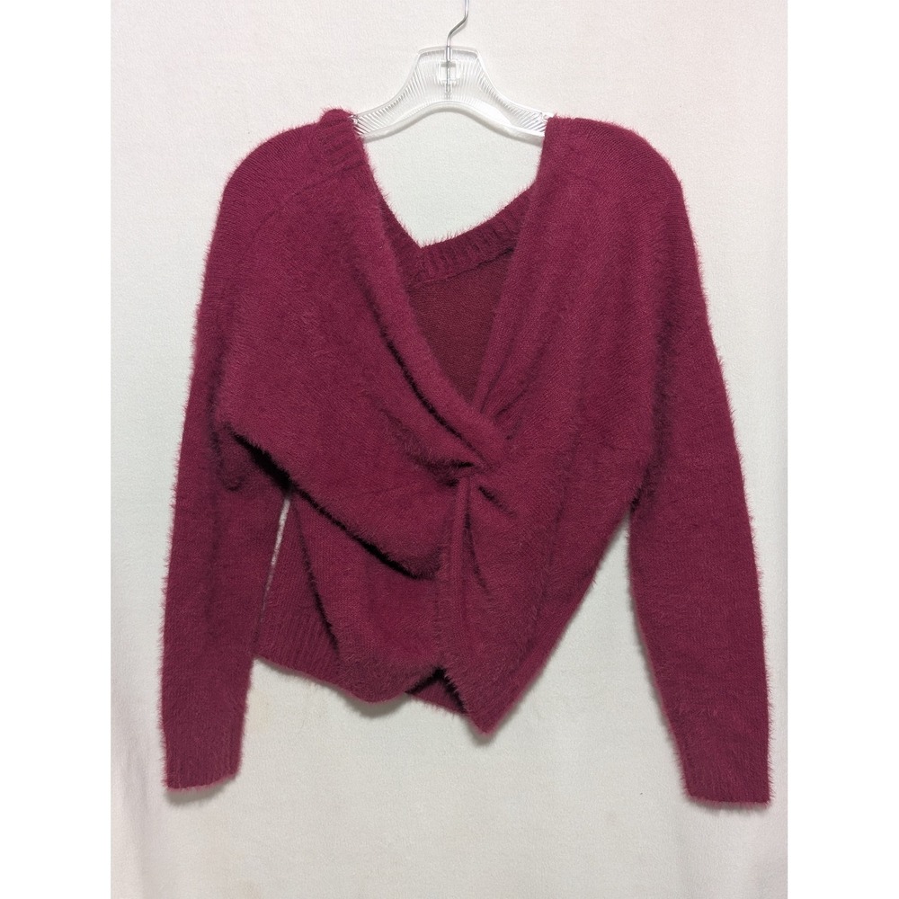 Mi Ami Women Berry Wine Fuzzy Eyelash Knit Twist Front V-Neck Sweater Small